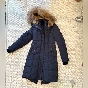 Like new! Navy and black leather rabbit fur hood mackage coat